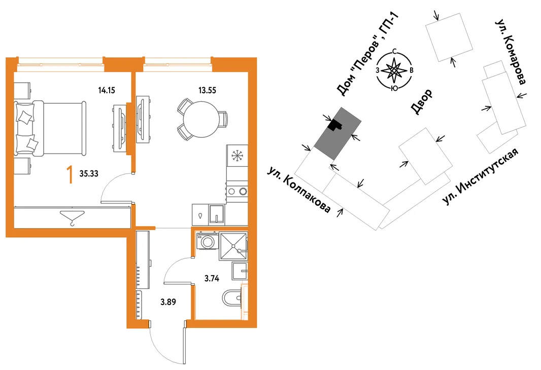 Планировка 1-комн. квартира, 35.33 м² ЖК «Страна.Парковая»