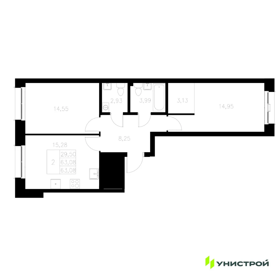 Планировка 2-комн. квартира, 63.08 м² ЖК «Statum»
