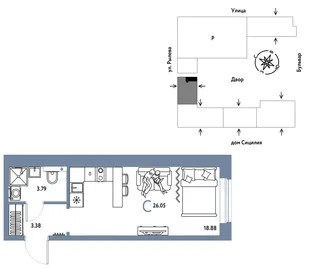 Планировка Студия, 26.05 м² ЖК «Остров-сад»