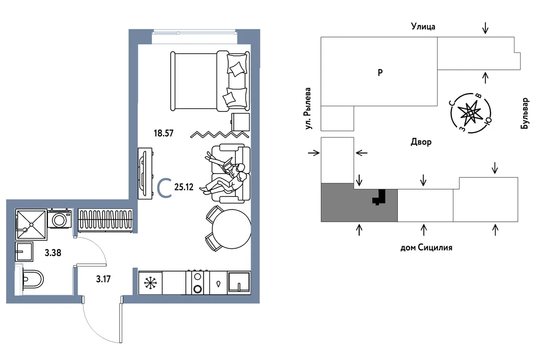 Планировка Студия, 25.12 м² ЖК «Остров-сад»