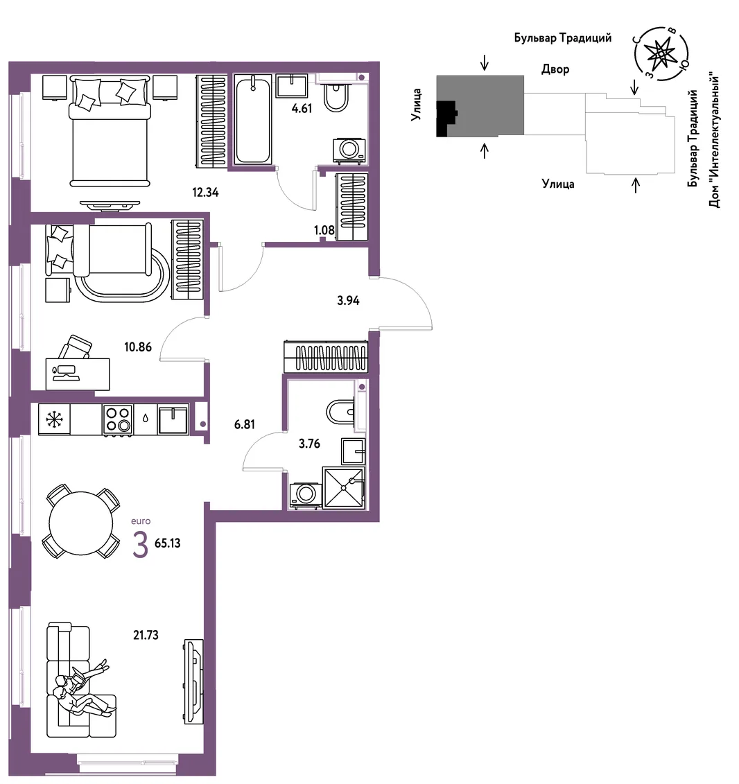 Планировка 3-комн. квартира, 65.13 м² ЖК «Микрорайон Домашний»