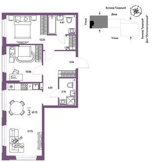 Планировка 3-комн. квартира, 65.13 м² ЖК «Микрорайон Домашний»