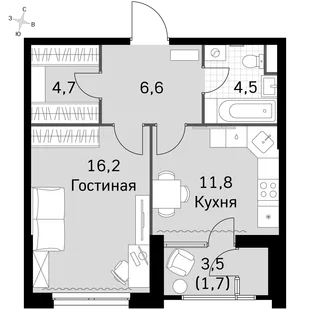 Квартира 1-комн. квартира, 43.4 м² ЖК «Sky Garden» Фото 1