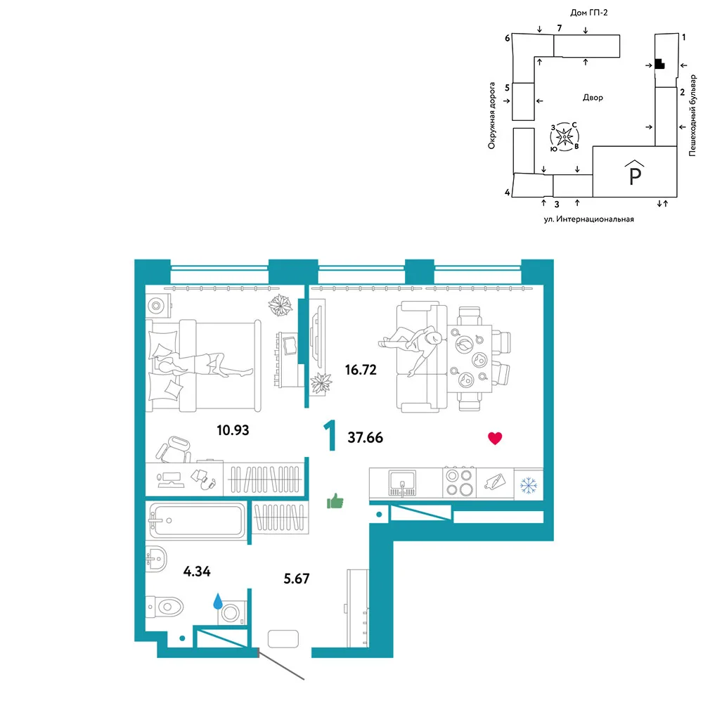 Планировка 1-комн. квартира, 37.66 м² ЖК «Юнион»