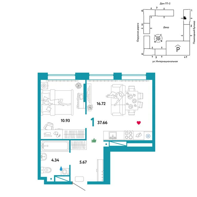 Планировка 1-комн. квартира, 37.66 м² ЖК «Юнион» Планировка 1-комн. квартира, 37.66 м² ЖК «Юнион»