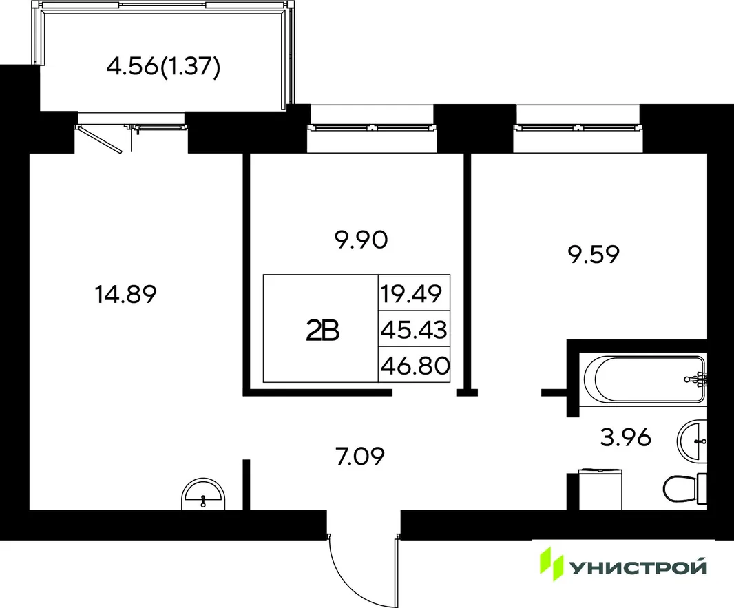 Планировка 2-комн. квартира, 46.8 м² ЖК «Царёво City»