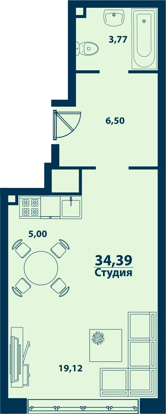 Планировка Студия, 34.39 м² ЖК «Город природы»