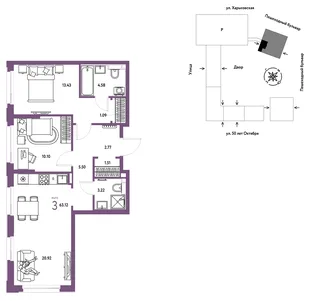 Планировка 3-комн. квартира, 63.12 м² ЖК «Сердце Сибири»