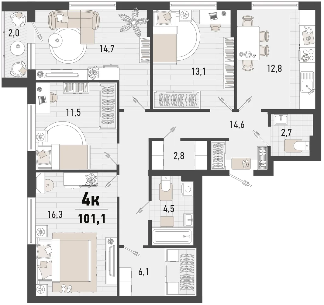 Планировка 4-комн. квартира, 101.1 м² ЖК «Барса»