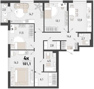 Планировка 4-комн. квартира, 101.1 м² ЖК «Барса»