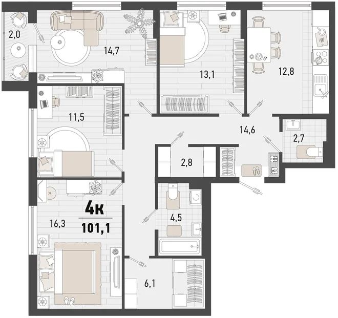 Планировка 4-комн. квартира, 101.1 м² ЖК «Барса» Планировка 4-комн. квартира, 101.1 м² ЖК «Барса»