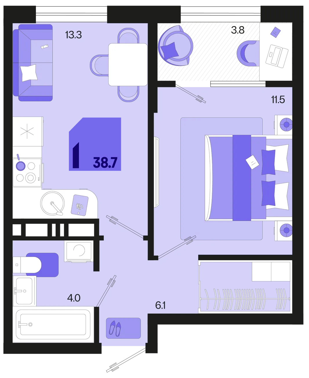 Планировка 1-комн. квартира, 38.7 м² ЖК «Первое место»