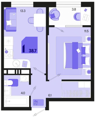 Планировка 1-комн. квартира, 38.7 м² ЖК «Первое место»