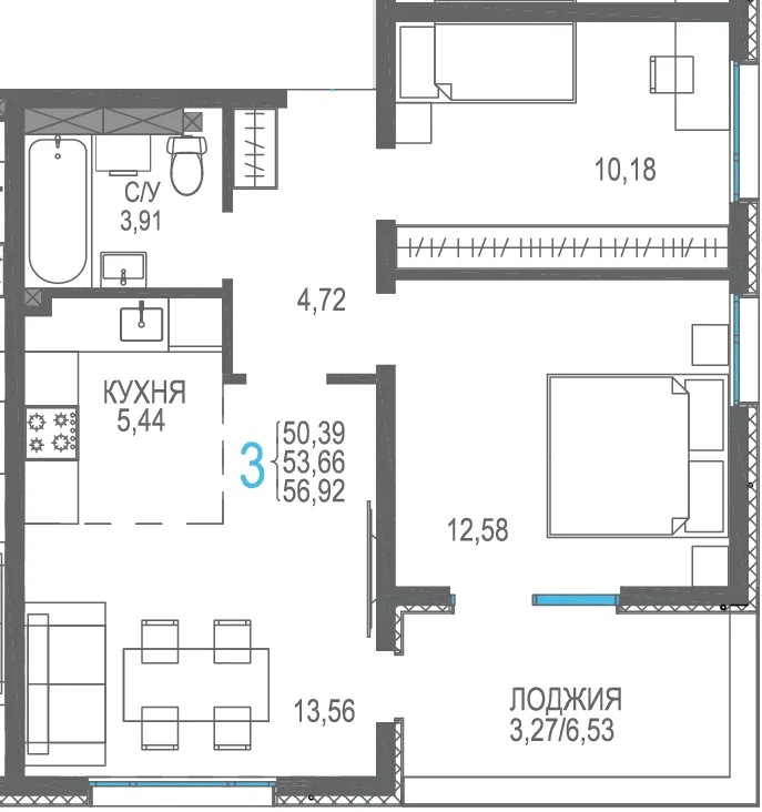 Планировка 3-комн. квартира, 56.92 м² ЖК «Розовое озеро»