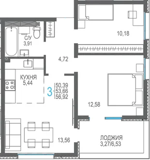 Планировка 3-комн. квартира, 56.92 м² ЖК «Розовое озеро»