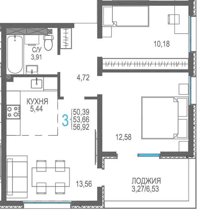 Планировка 3-комн. квартира, 56.92 м² ЖК «Розовое озеро»