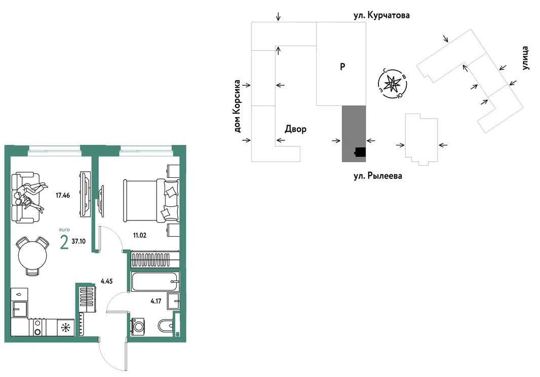 Планировка 2-комн. квартира, 37.06 м² ЖК «Остров-сад»