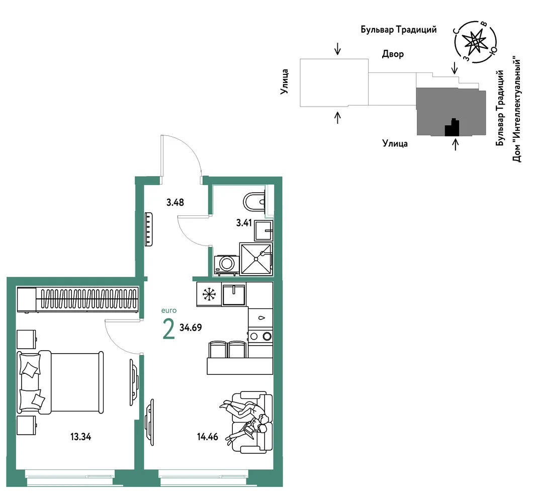 Планировка 2-комн. квартира, 34.69 м² ЖК «Микрорайон Домашний»