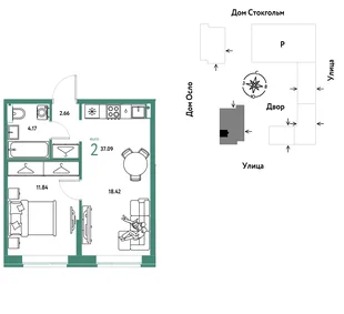 Планировка 2-комн. квартира, 37.09 м² ЖК «Европейский берег 2.0»