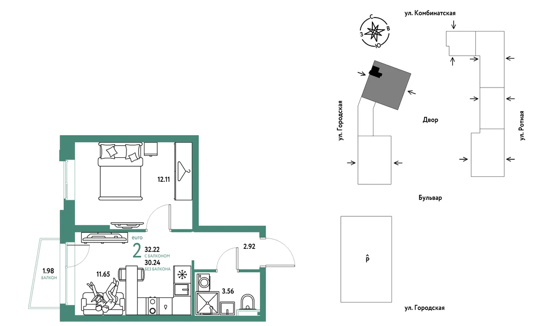 Планировка 2-комн. квартира, 32.22 м² ЖК «Уральский сад»