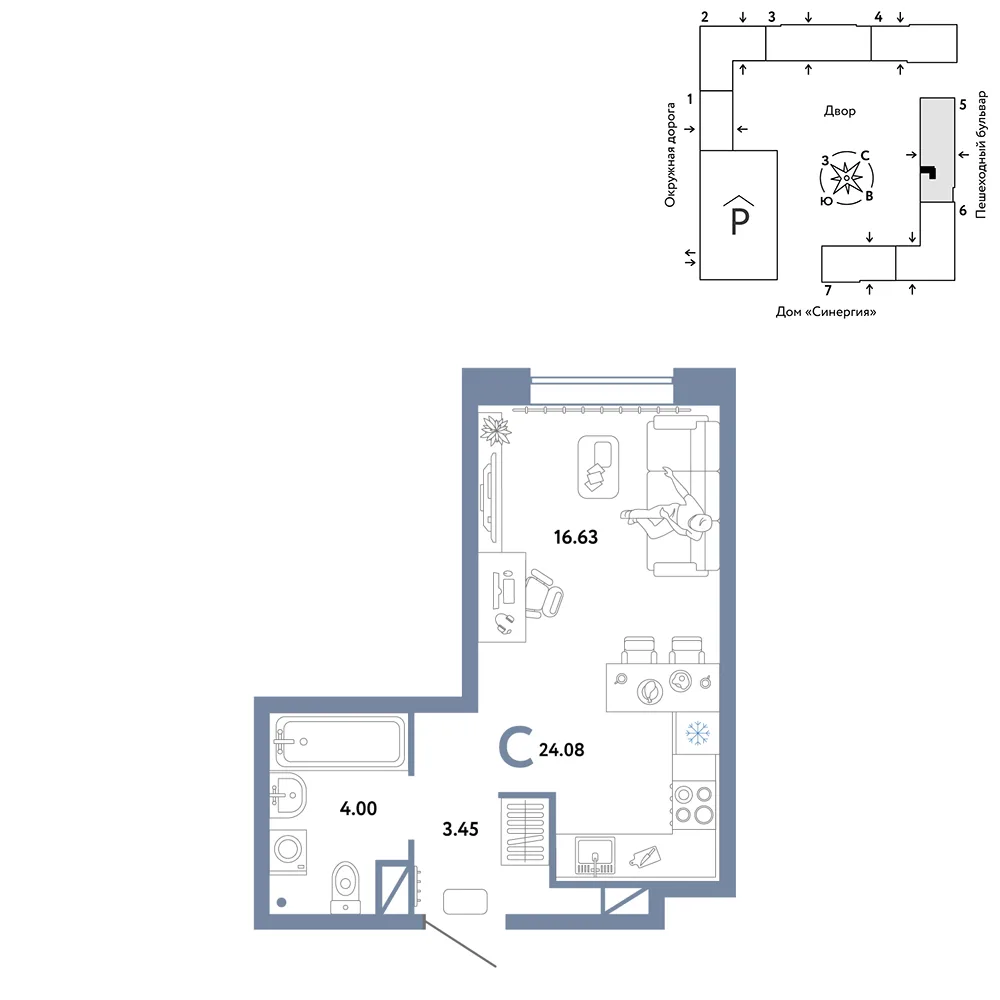 Планировка Студия, 24.08 м² ЖК «Юнион»