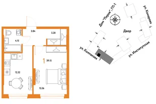 Планировка 1-комн. квартира, 39.15 м² ЖК «Страна.Парковая»