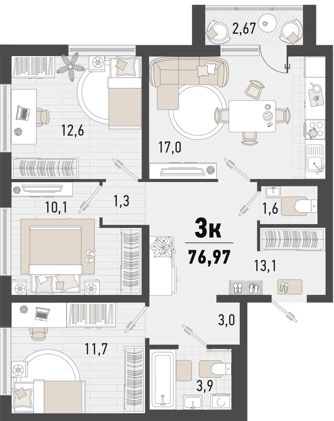 Планировка 3-комн. квартира, 76.97 м² ЖК «Барса»