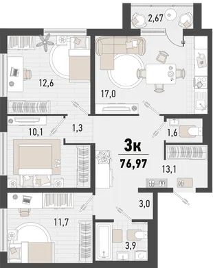 Планировка 3-комн. квартира, 76.97 м² ЖК «Барса»