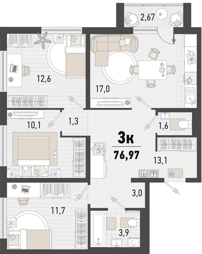 Планировка 3-комн. квартира, 76.97 м² ЖК «Барса» Планировка 3-комн. квартира, 76.97 м² ЖК «Барса»