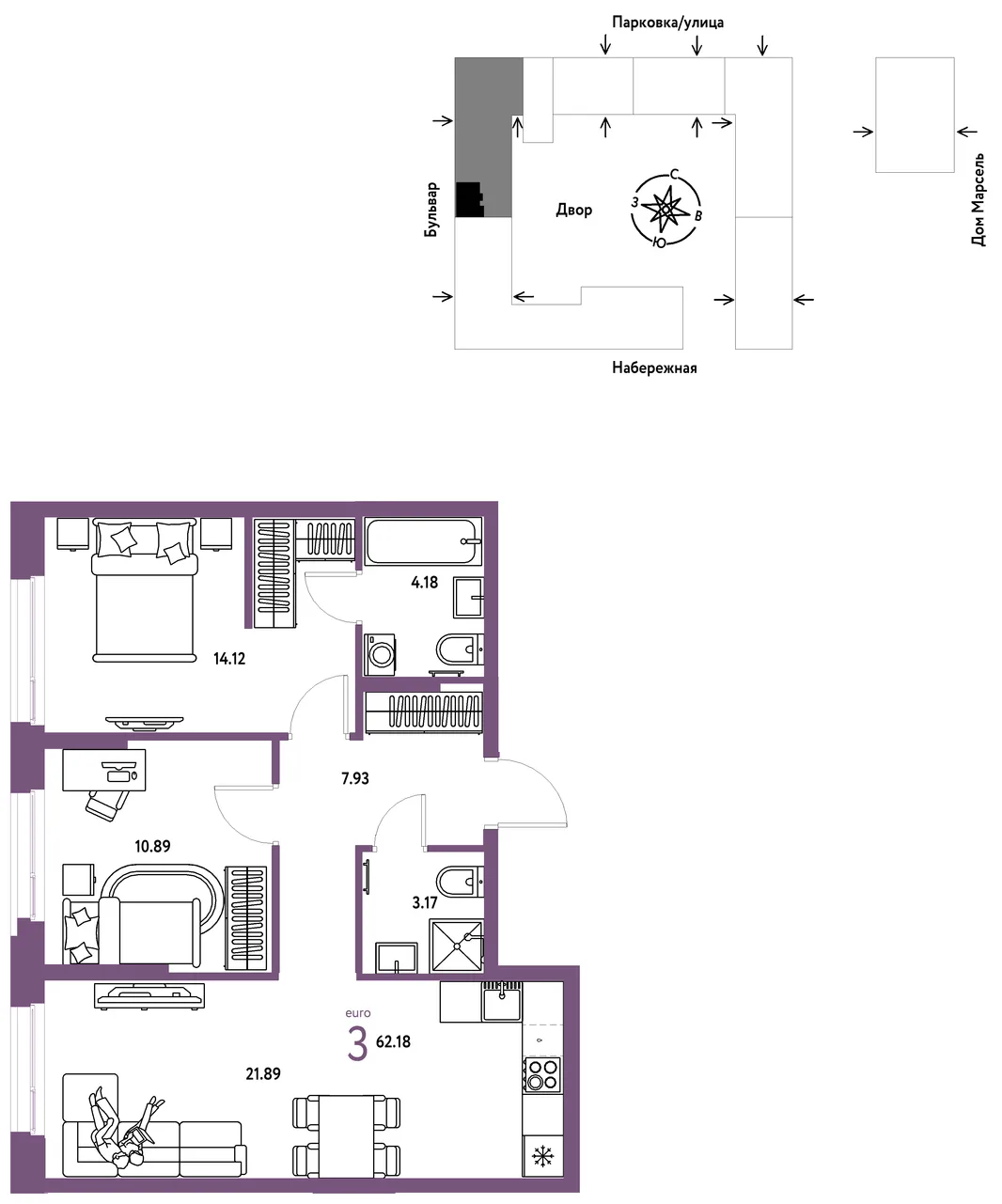 Планировка 3-комн. квартира, 62.18 м² ЖК «Европейский берег 2.0»