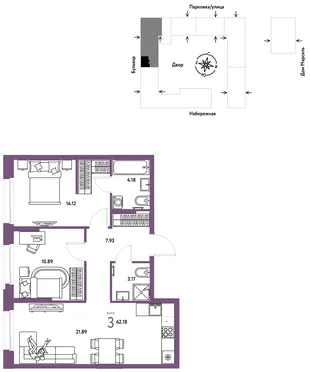 Планировка 3-комн. квартира, 62.18 м² ЖК «Европейский берег 2.0»