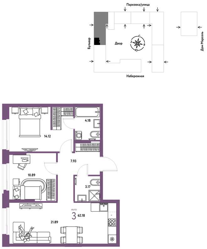 Планировка 3-комн. квартира, 62.18 м² ЖК «Европейский берег 2.0» Планировка 3-комн. квартира, 62.18 м² ЖК «Европейский берег 2.0»