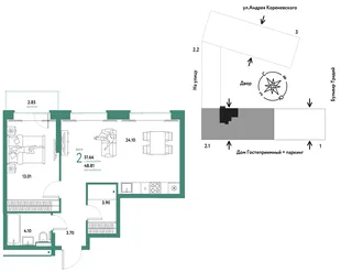 Планировка 2-комн. квартира, 51.66 м² ЖК «Микрорайон Домашний»