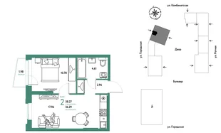 Планировка 2-комн. квартира, 38.27 м² ЖК «Уральский сад»