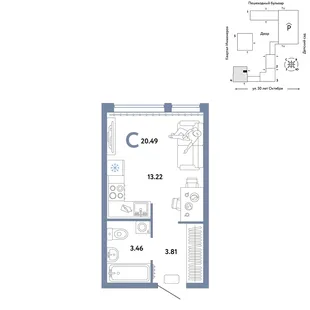 Планировка Студия, 20.49 м² ЖК «Сердце Сибири»
