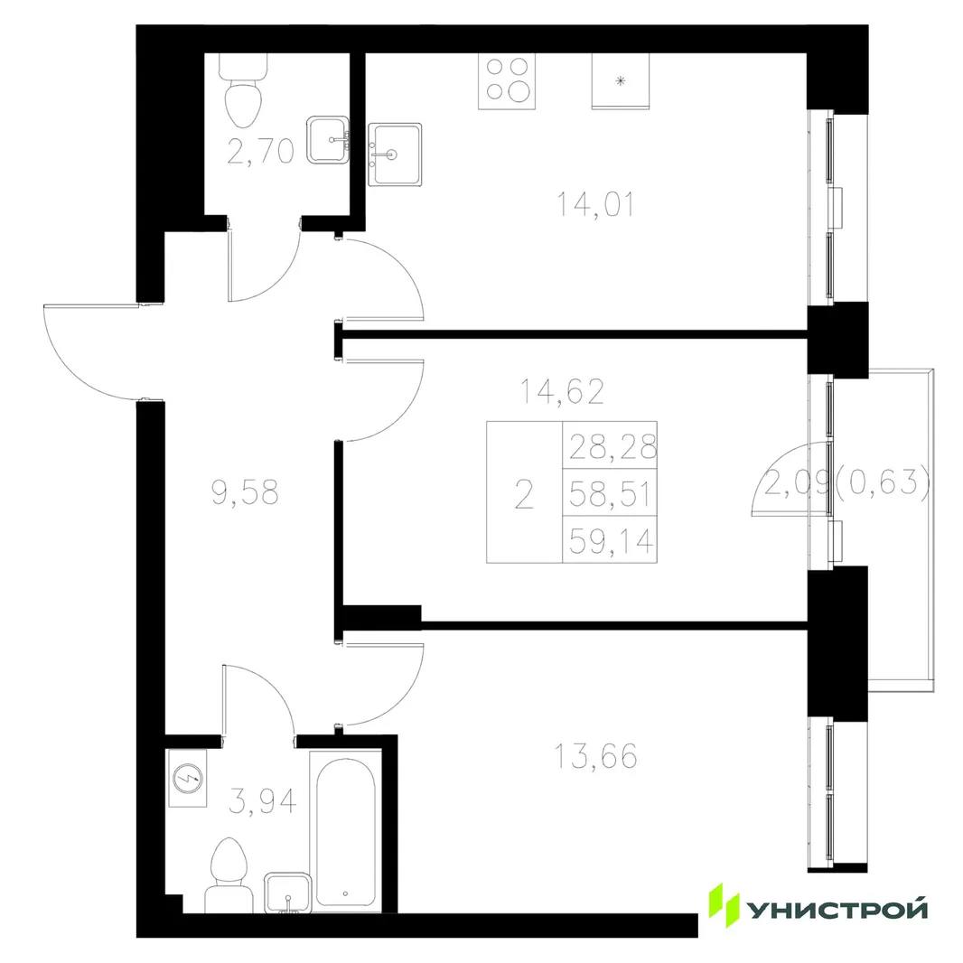 Планировка 2-комн. квартира, 59.14 м² ЖК «Statum»