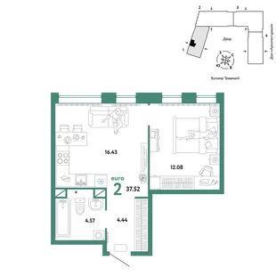 Планировка 2-комн. квартира, 37.52 м² ЖК «Микрорайон Домашний»