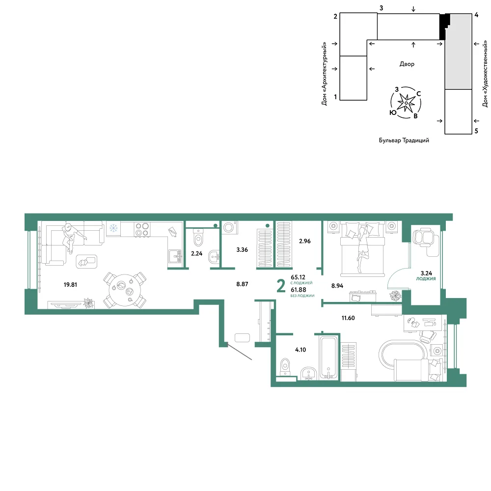 Планировка 2-комн. квартира, 65.12 м² ЖК «Микрорайон Домашний»