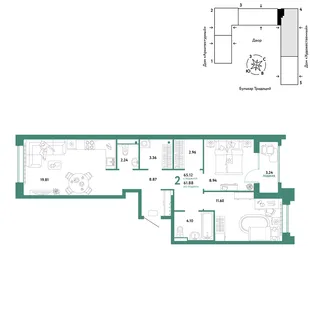 Планировка 2-комн. квартира, 65.12 м² ЖК «Микрорайон Домашний»