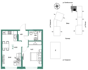 Планировка 2-комн. квартира, 43.05 м² ЖК «Уральский сад»
