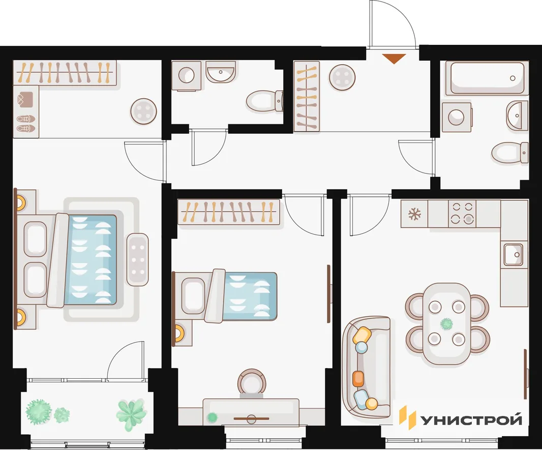 Планировка 2-комн. квартира, 68.68 м² ЖК «Жилой кластер Q на Кулагина»