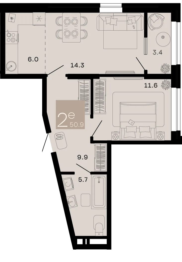 Планировка 2-комн. квартира, 50.9 м² ЖК «Хозяин морей»