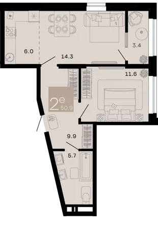 Планировка 2-комн. квартира, 50.9 м² ЖК «Хозяин морей»