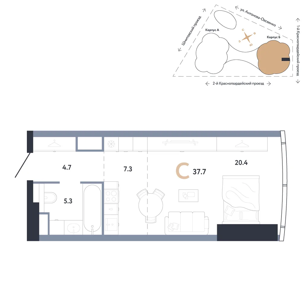 Планировка Студия, 37.7 м² ЖК «АУРУС Резиденции»