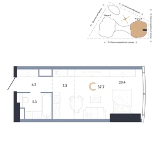 Планировка Студия, 37.7 м² ЖК «АУРУС Резиденции»