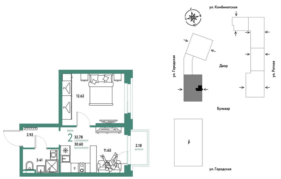 Планировка 2-комн. квартира, 32.78 м² ЖК «Уральский сад»
