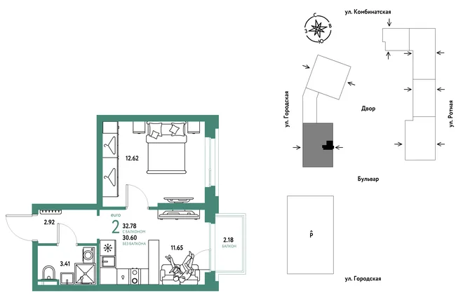 Планировка 2-комн. квартира, 32.78 м² ЖК «Уральский сад»
