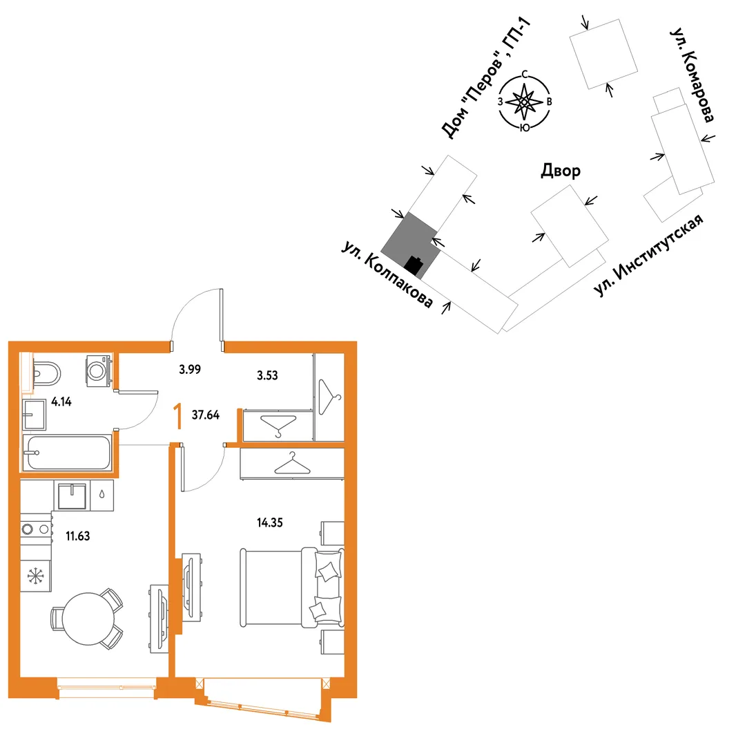 Планировка 1-комн. квартира, 37.64 м² ЖК «Страна.Парковая»
