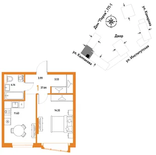 Планировка 1-комн. квартира, 37.64 м² ЖК «Страна.Парковая»
