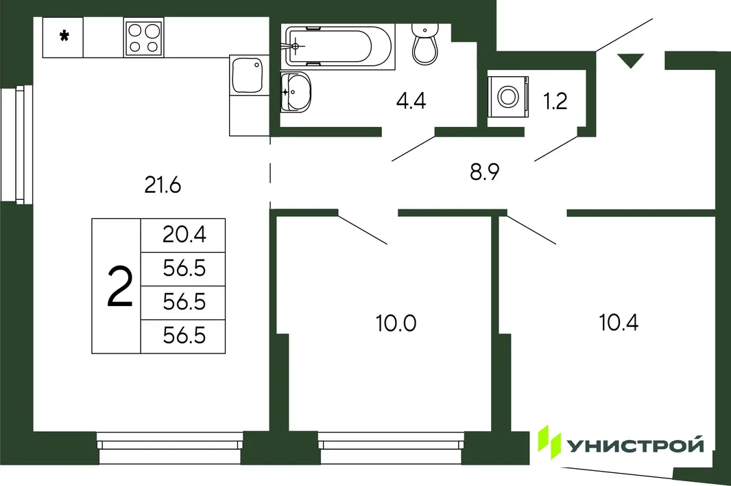 Планировка 2-комн. квартира, 56.5 м² ЖК «Парковый квартал 2.0»